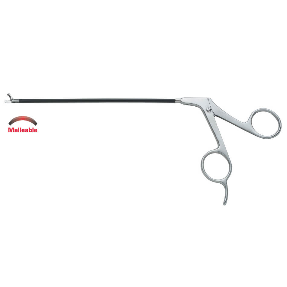 A long, silver, and black surgical instrument with scissor-like handles and a malleable tip on one end. The Daniel Endoforehead Hook Scissors, 6″ (15cm), Straight, Malleable, designed for endoscopic procedures, features an adjustable rod extending from the handles to the curved tip and an insulated shaft for enhanced safety.