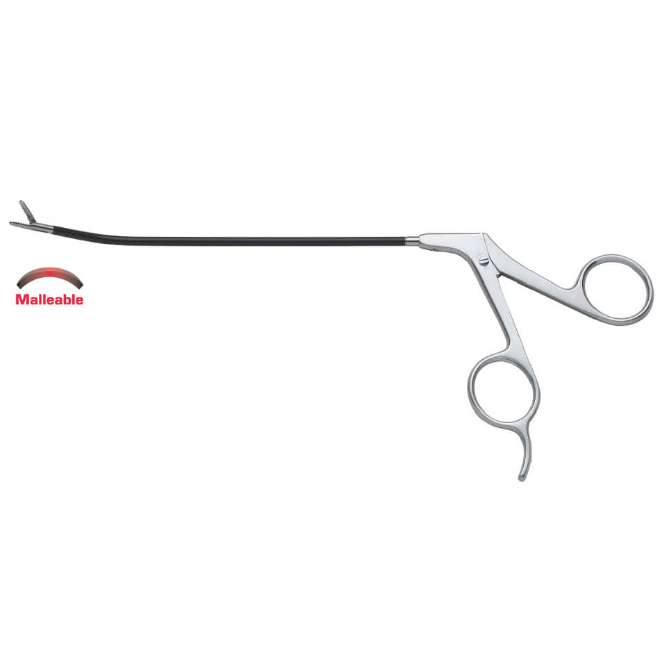 Image of a medical instrument, specifically the Daniel Endoforehead Grasping Forceps, 6″ (15cm), with a curved, elongated handle and scissor-like grip. The device’s insulated shaft is designed for precise gripping and manipulation of tissues during endoscopic procedures.