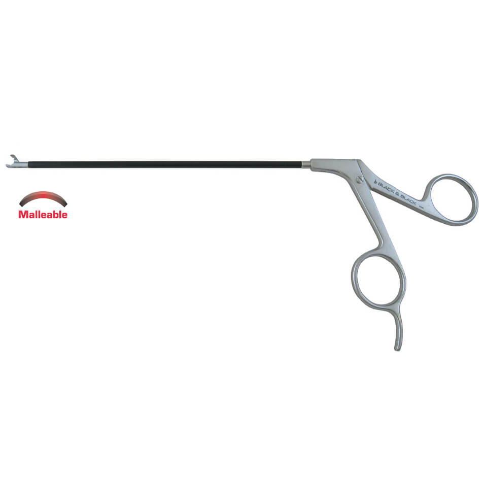Image of a medical instrument, specifically Endo Cup Biopsy Forceps, 6″ (15cm), Straight, Malleable. The instrument features an insulated shaft with a small gripping end, ideal for endoscopic procedures. It also has ergonomic finger rings for handling and a "malleable" label visible on the left side.