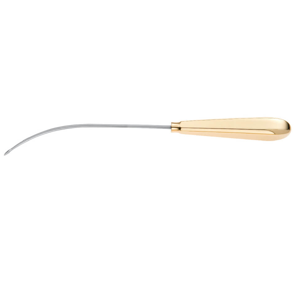 An upside-down photograph of a Daniel Endoforehead Nerve Dissector, 9-1/4″ (23.5cm), Half Curved with a gold-colored handle and a sleek, curved metal tip. The handle is smooth and polished, tapering slightly towards the curved end that assists in sliding the foot into a shoe, reminiscent of minimally invasive instruments used in precision tasks.

