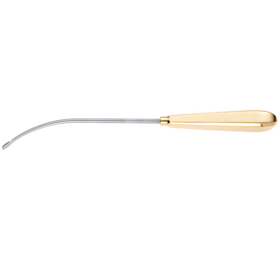 Image of a Daniel Endoforehead Orbital Rim Dissector, 9-1/4″ (23.5cm), Half Curved with a streamline design. The handle is gold and the shaft is silver, featuring a curved end for easy use. The contrast between the gold handle and silver shaft lends it a sleek and modern appearance, reminiscent of minimally invasive instruments used in precision tasks.