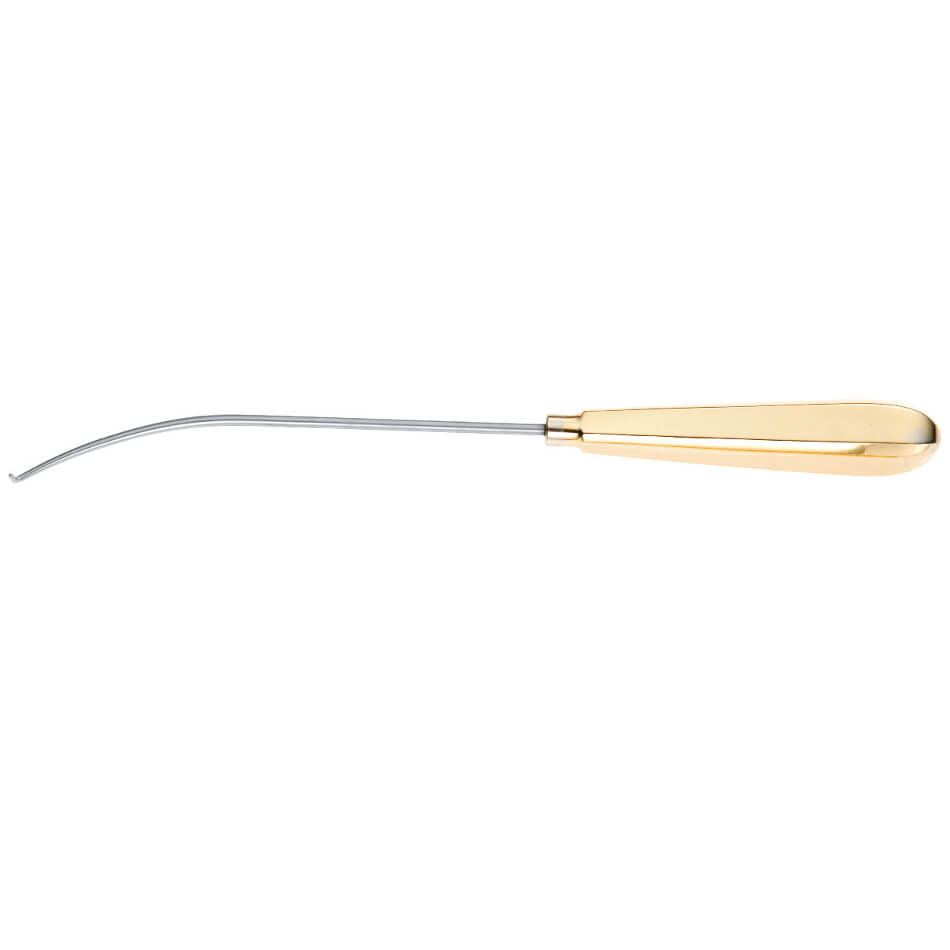 A close-up view of a dental tool with a gold-colored handle and a long, thin metal pick that is curved at the end. The Daniel Endoforehead Nerve Hook, 9-1/4″ (23.5cm), Half Curved, is used for dental procedures and appears clean and shiny against a plain white background.