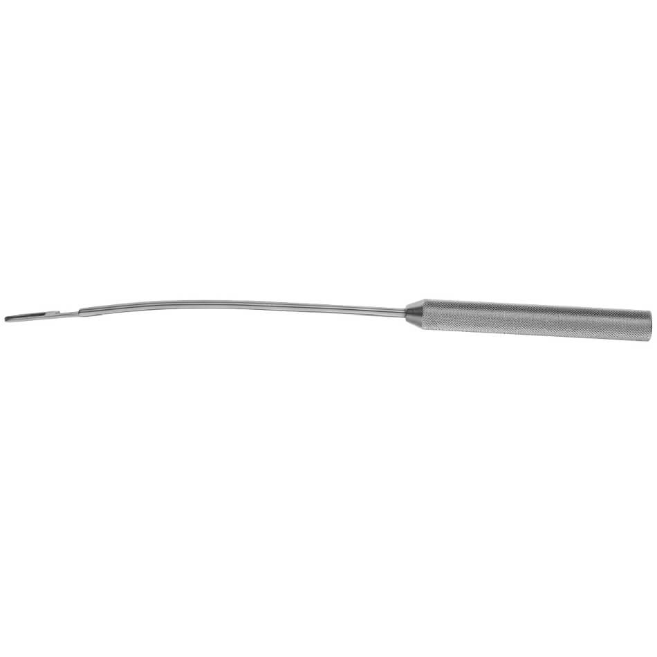 The image shows a Daniel Endoforehead Knife Handle, 9″ (23cm), Quarter Curved with a cylindrical handle and a slightly curved shaft tapering to a narrow, flat tip. The textured handle likely enhances tactile feedback. This sleek, stainless steel instrument is used in endoscopic aesthetic surgical procedures for its precision and efficiency.