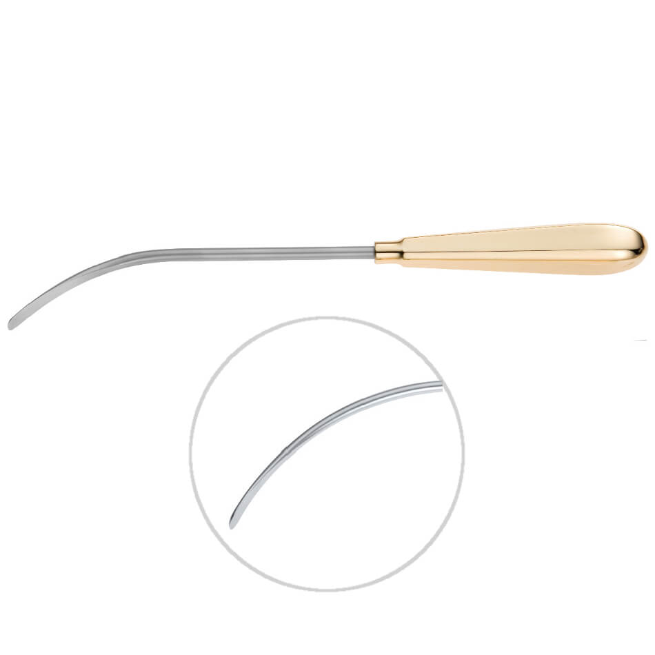 Image of a long, slender surgical instrument with a curved, silver tip and a gold-hued handle. The image includes an inset zooming in on the curved tip for enhanced detail. This minimally invasive instrument is used for medical purposes, particularly in endoscopic aesthetic surgical procedures. It is the Daniel Endoforehead Elevator, 9-1/4″ (23.5cm).