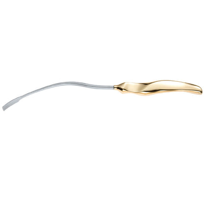 A Ramirez Endofacelift with a shiny, curved, metallic tip and a sleek, gold-toned handle designed to assist in tooth extraction procedures. The instrument&