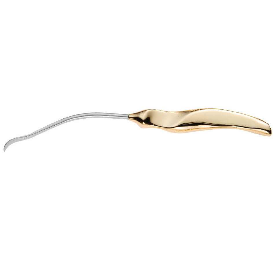 A Ramirez Endofacelift featuring a sleek, curved metal tip with a gold-colored, ergonomic handle designed for comfort and precision in dental procedures. The tool&