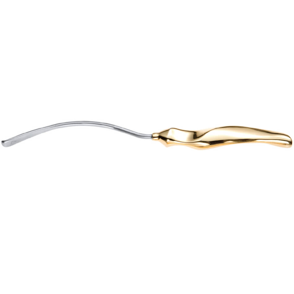 An image of a dental extracting forceps, specifically designed for upper molars. The instrument has a gold-colored ergonomic handle and a curved metallic tip for gripping teeth. Resembling Ramirez Endofacelift used in procedures like an endoscopic forehead lift, it offers precision and ease of use.