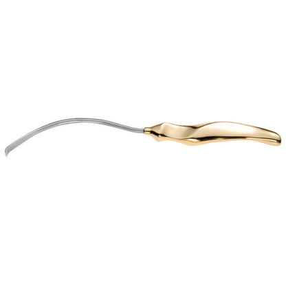 A gold-toned dental tool with an ergonomically designed handle and a curved, metallic tip. Resembling endoscopic plastic instruments, the Ramirez Endofacelift appears to be used for professional dental treatments or examinations, combining functionality with an elegant design that aligns with facial contours.