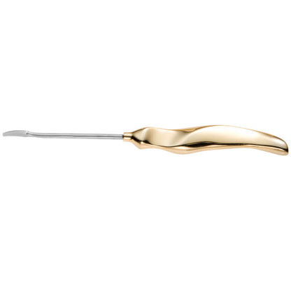 A sleek, golden tool with an ergonomic handle and a thin, curved metal tip designed for fine, precise work often required in crafting or detailed tasks—ideal for refining facial contours: the Ramirez Endofacelift.