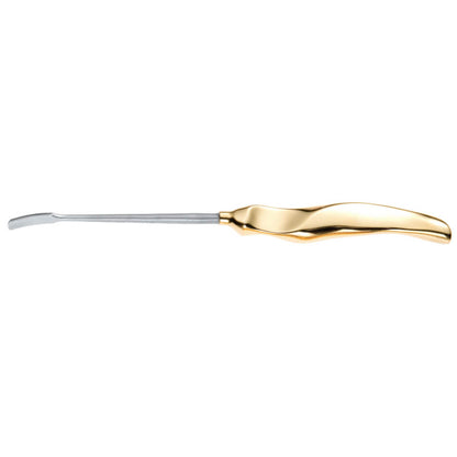 A sleek, modern dental or surgical instrument with a silver, curved tip and a contoured, ergonomic gold handle. The handle has a wave-like design for comfortable grip. Ideal for procedures enhancing facial contours, this Ramirez Endofacelift is isolated on a white background.