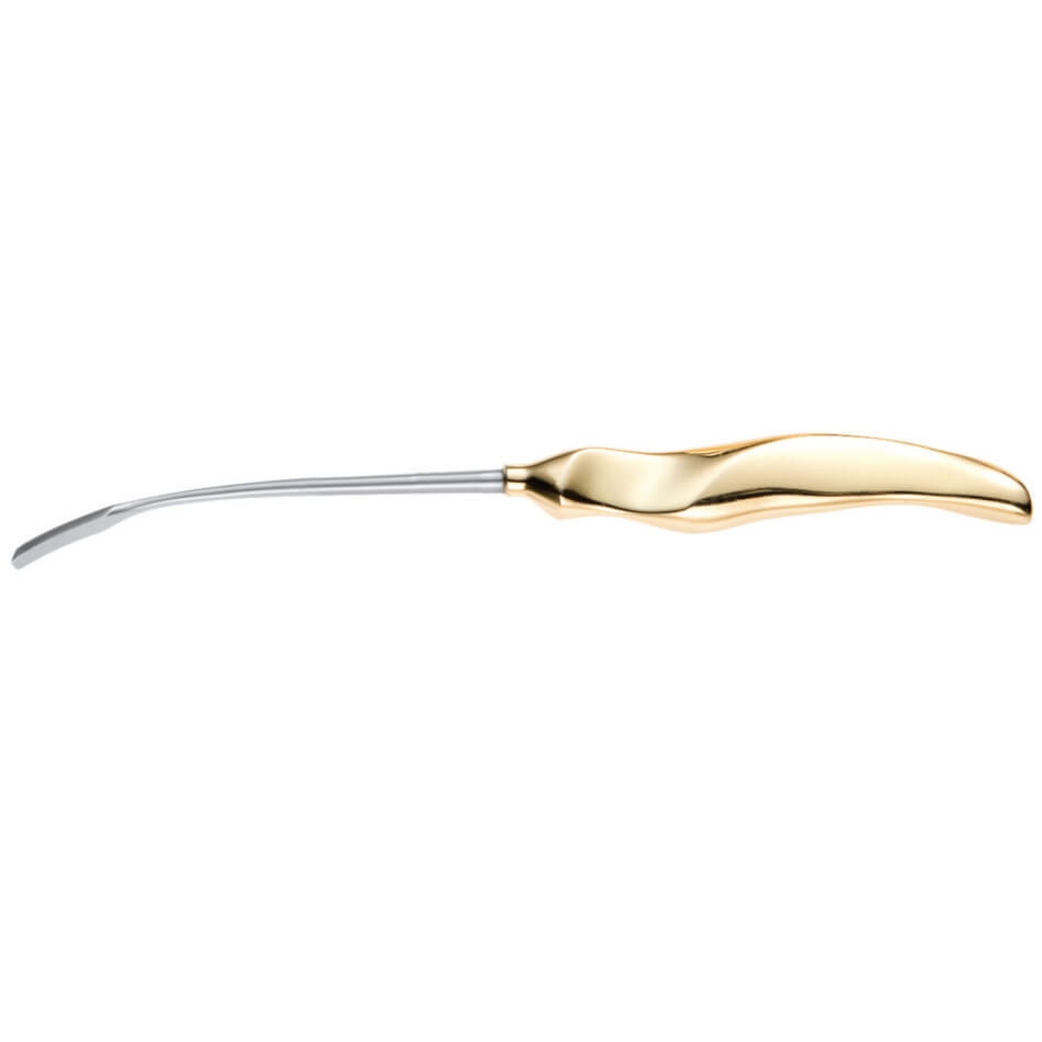 A long, sleek Ramirez Endofacelift with a stainless steel blade and a gold-colored ergonomic handle. The blade is slightly curved and thin, designed for efficiently opening oyster shells. The handle appears smooth and contoured for a comfortable grip, akin to Endoscopic Plastic Instruments used in precise facial contouring procedures.