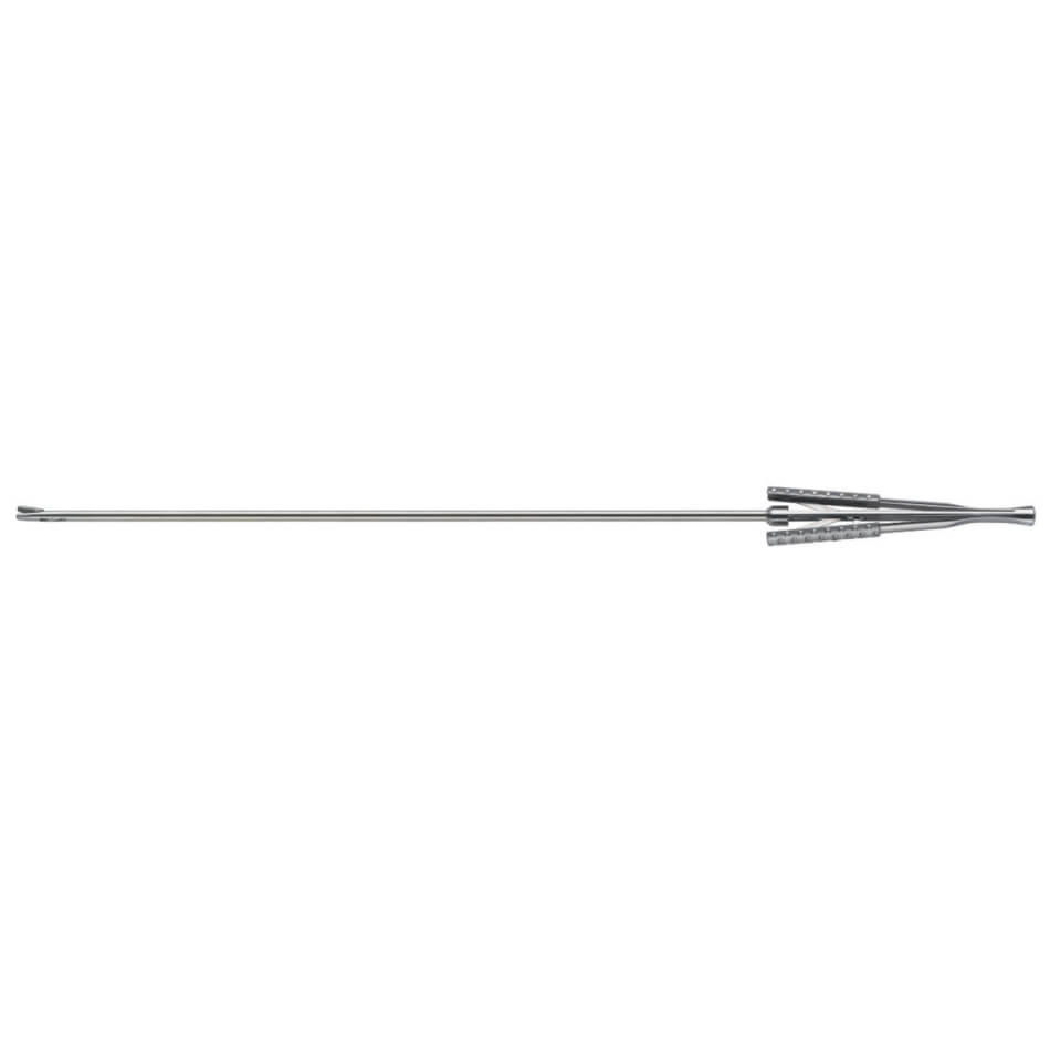 A long, slender medical device with a handle on one end and a small, curved tweezer-like tip on the other, used for surgical or procedural applications. The stainless steel instrument resembles an Abdominoplasty Needle Holder, 12-1/2″ (32cm), Straight Shaft, 4000 Jaw with precision akin to the 4000 jaw series.