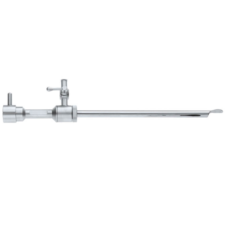 A close-up view of a sleek, polished stainless steel Ramirez Type Cobra Cannula for 5mm Scope, w/ Stopcock with a long, narrow shaft and mechanical components, designed for precise medical procedures. The instrument features a cobra-shaped hood at the end for enhanced functionality and has a knob and lever near its base for operational adjustment.