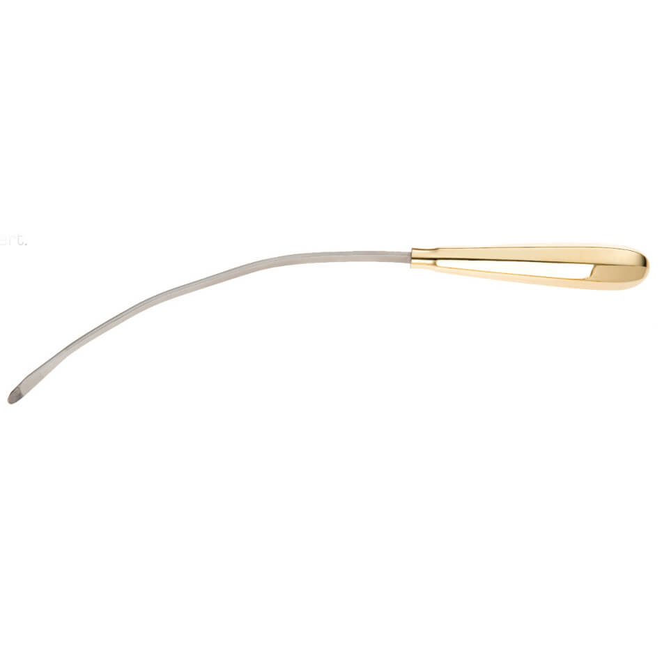 A Del Campo Dissector, 8-1/4″ (21cm), Malleable with a silver curved blade and a gold handle. The handle, reminiscent of tools used in endoscopic surgery, boasts an ergonomic design.