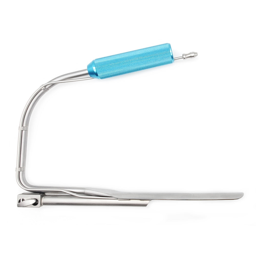 A silver Emory Endoscopic Plastic Retractor For 10mm Scope, w/Suction, w/Locking Mechanism with a curved arm and a blue, textured handle, ideal for aesthetic surgery. The retractor extends horizontally and features a flat metal platform beneath the handle. Made of metal, it showcases sections with a brushed and polished finish.