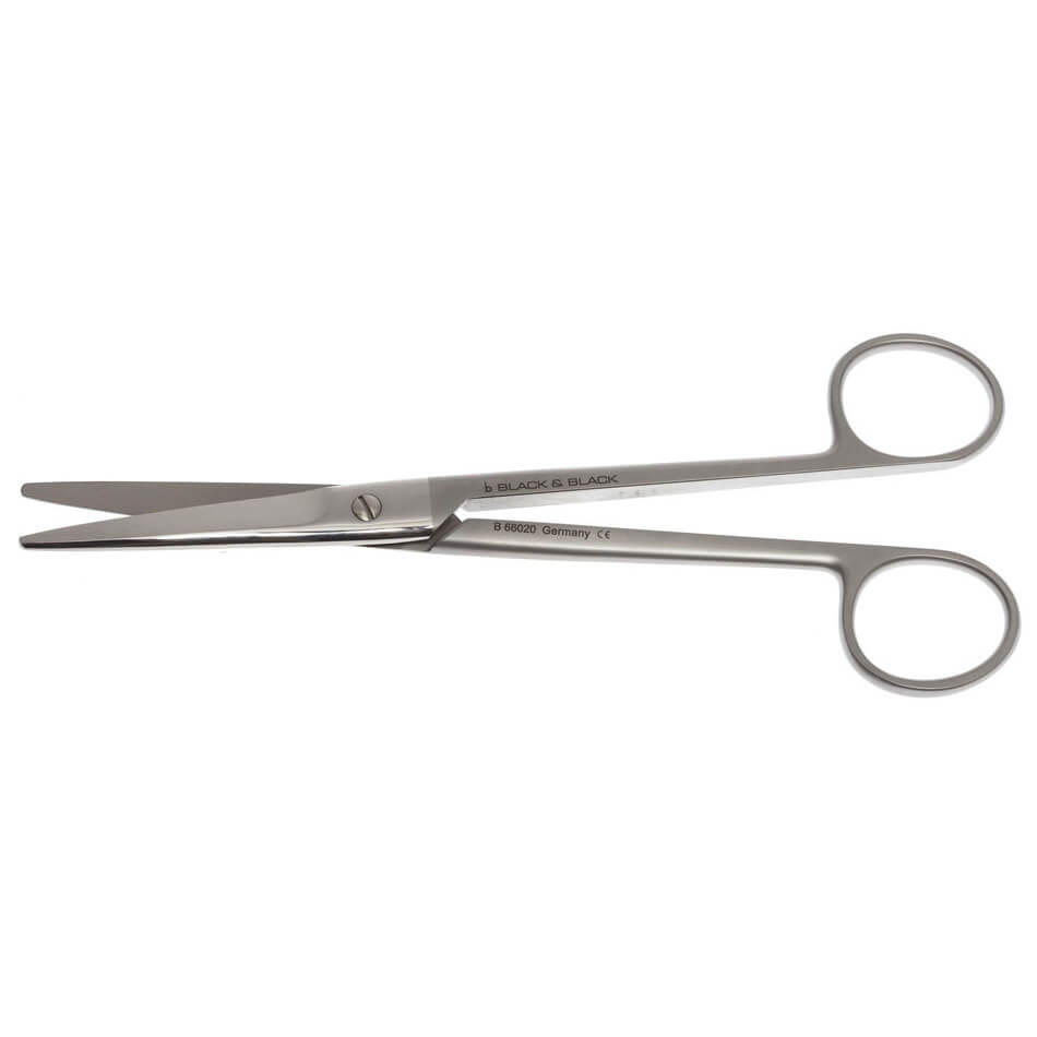 A pair of Mayo Bevel Blade Scissors with two loops for fingers and flat, sharp blades is shown against a white background. The general purpose scissors have a straight design, heavy beveled blades, and are labeled with text and markings on the handle.