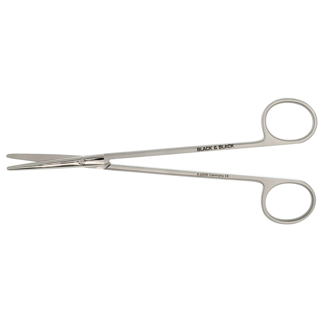 A pair of Metzenbaum Scissors, Stainless Steel, 7″ (17.5cm) with straight blades and finger holes. Engraved on the handle are the texts "BLACK & BLACK" and "Germany CE". The dissecting scissors have a sleek, clean design, typically used in medical procedures.
