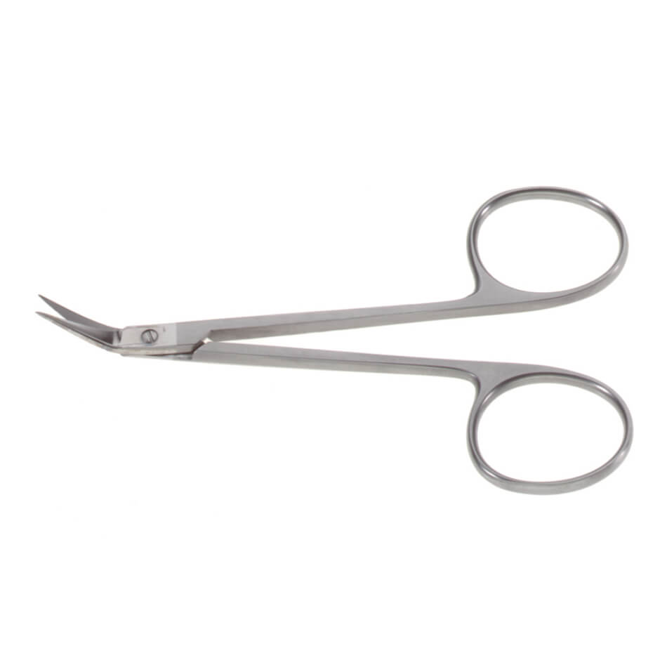 A pair of Converse Angled Scissors, 4″ (10cm), with thin, angled blades and two symmetrical finger loops. The scissors are designed for precision trimming of fingernails and cuticles.