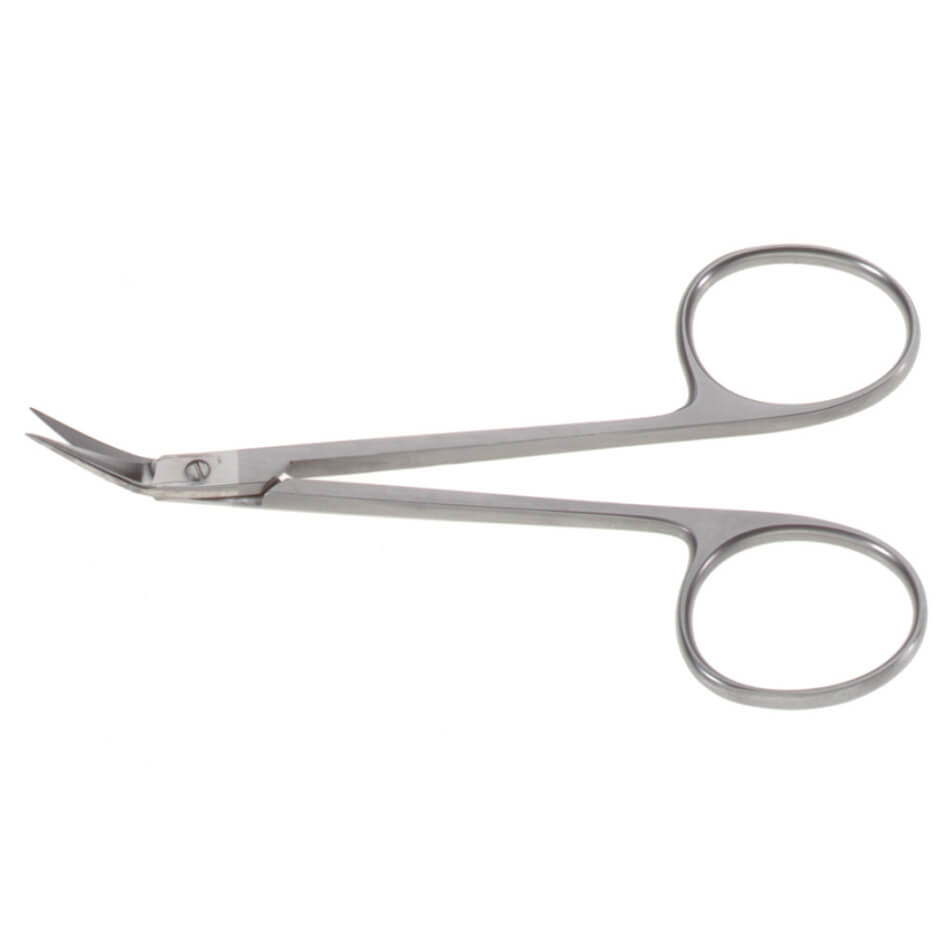 A pair of small, curved-tip stainless steel Wilmer Angled Scissors, 3-3/4″ (9.4cm), with round finger holes and angled blades, designed for precise cutting tasks.