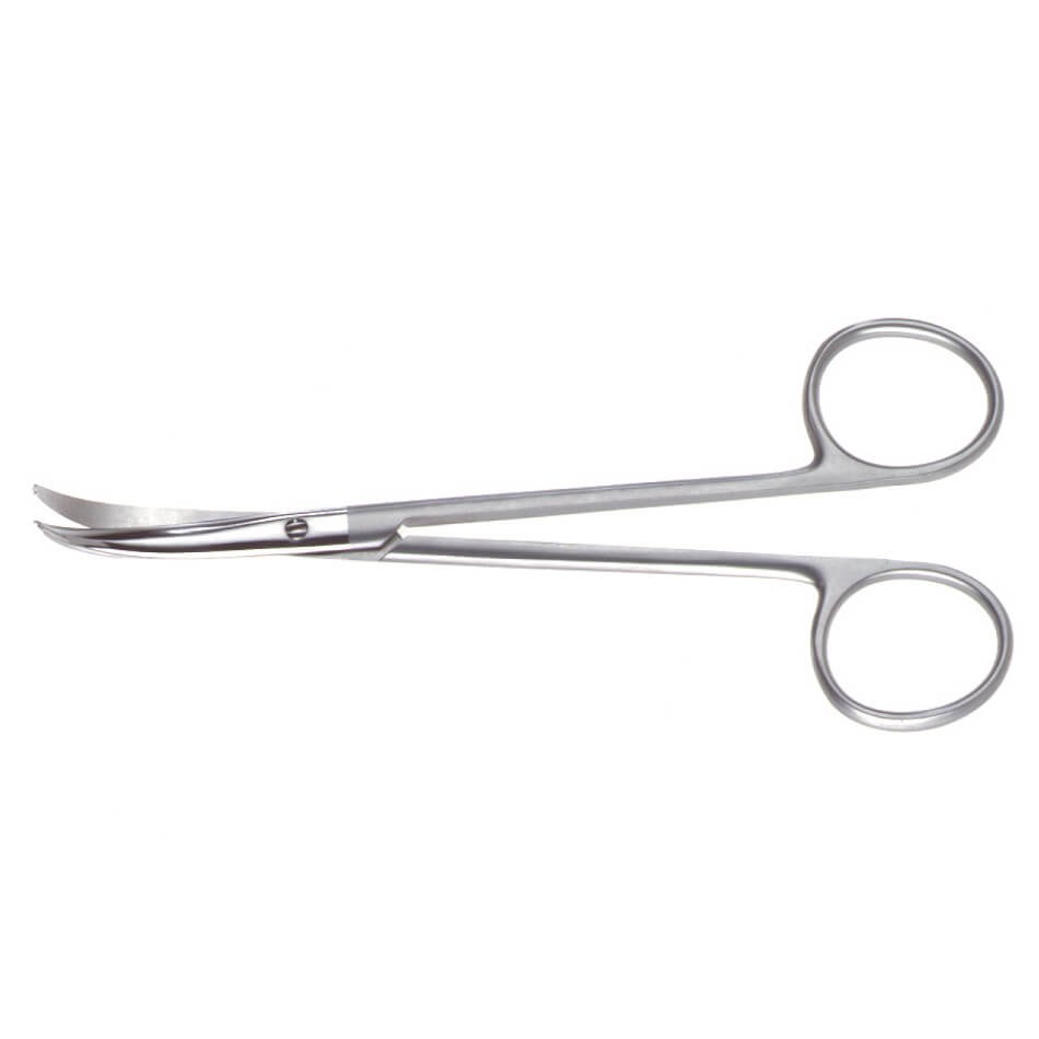 A pair of Fomon Lower Lateral Scissors, 5-1/2″ (14cm), Strong Curve with curved blades and finger loops. Made of stainless steel, these scissors are used for precise cutting, typically in medical settings. The curved blades aid in better control during delicate procedures like trimming nasal cartilages. The background is white.