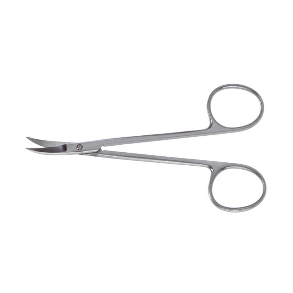 A pair of British Pattern Alar Scissors, 4-3/4″ (12cm), Curved with delicate tipped blades designed for precision cutting. Made of stainless steel, the scissors also feature finger loops for a secure grip.