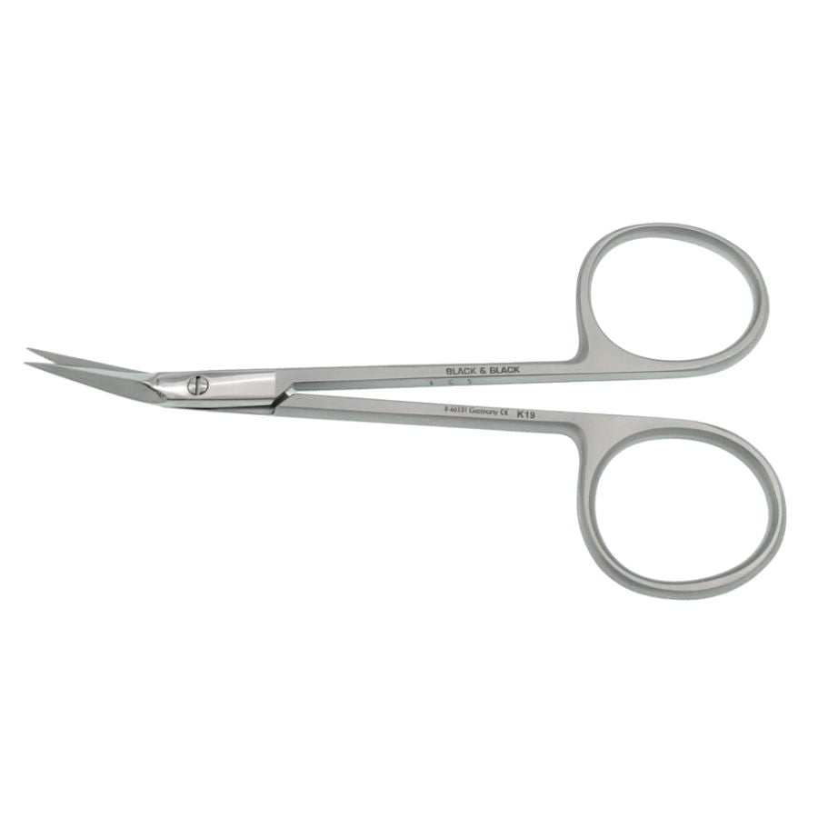 A pair of B&B Double Bevel Blade Scissors; 4-1/2″ (11.5 cm) with sharp, curved blades and finger loops. The scissors are designed for precision cutting in crafts, sewing, and other detailed work.