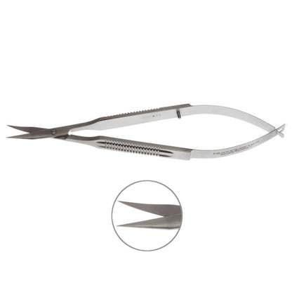 A pair of Westcott Tenotomy Scissors with medium blades, featuring a close-up inset showing the sharp, pointed tips. The spring handle scissors have a ribbed grip for precision handling. These clean instruments are designed for accurate cutting during surgical procedures.