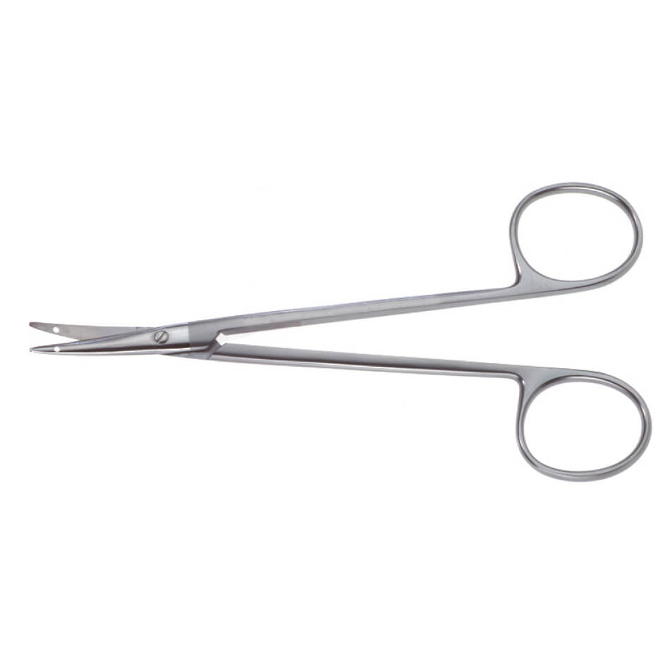 A pair of small, stainless steel Littler Scissors, 5″ (12.5cm), Curved with rounded handles and slightly curved blades designed for precision cutting.