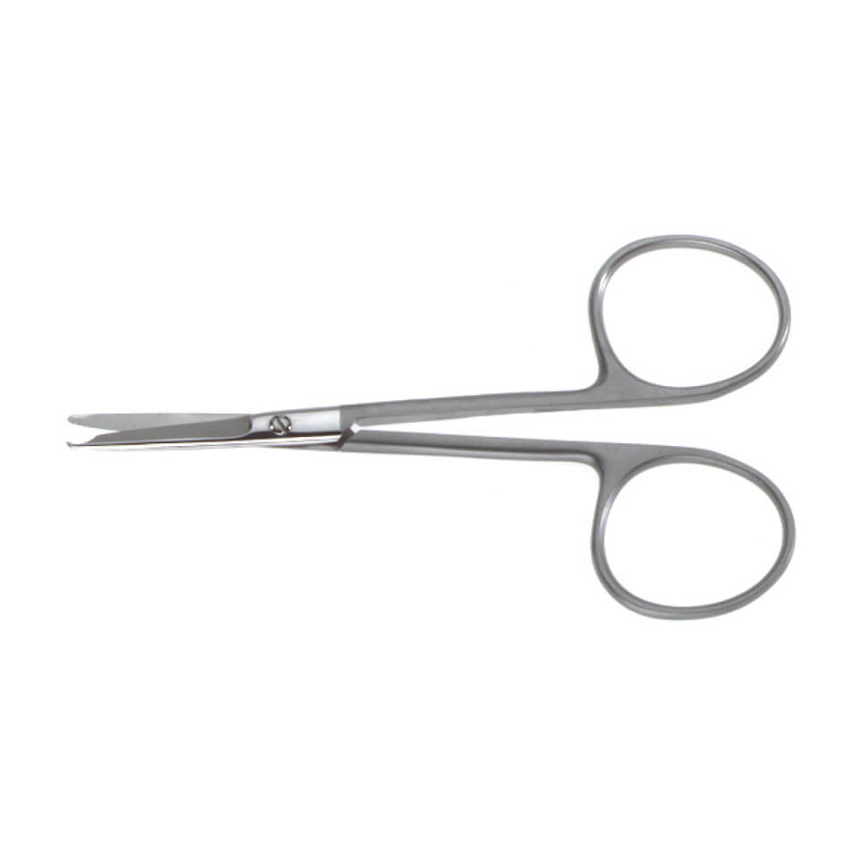 A pair of Spencer Stitch Removal Scissors, 3-1/2″ (9cm), Straight with rounded handles and short, blunt-tipped blades. The looped handles suggest precision cutting, ideal for emergency room use or scientific settings.