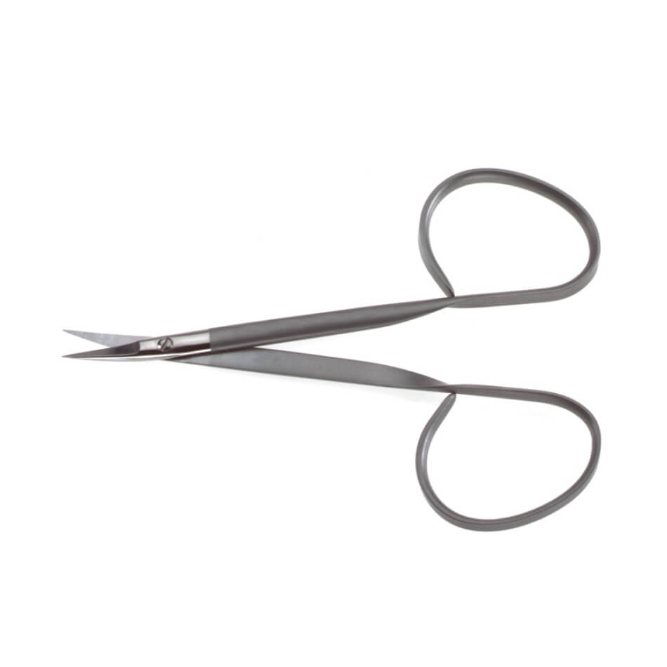 A pair of small, precision B&amp;B Ribbon Iris Scissors with looped handles and thin blades designed for detailed cutting tasks. Made of stainless steel, the scissors have a matte gray finish and are shown against a plain white background.