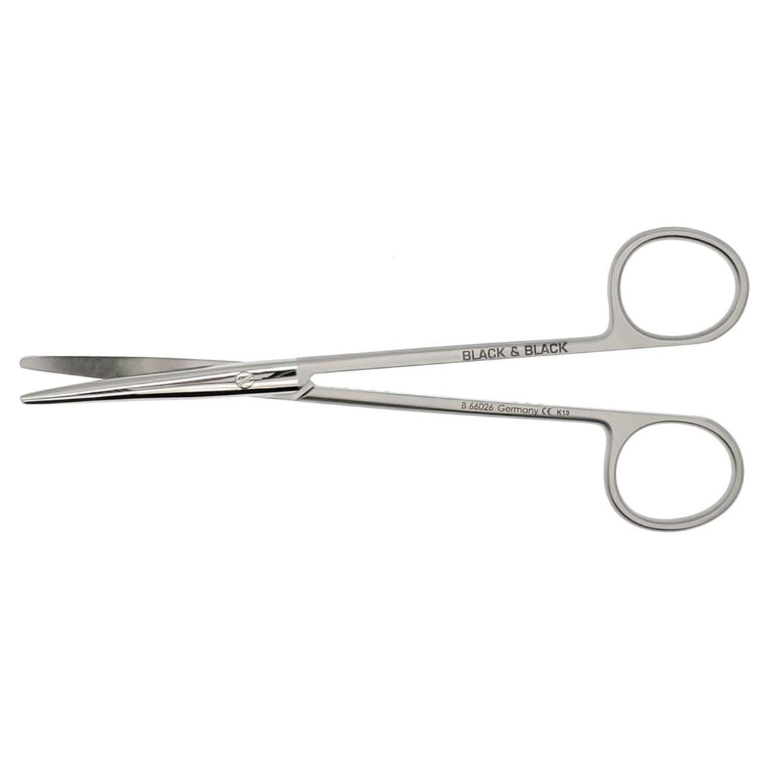 A pair of Metzenbaum Scissors, Stainless Steel, 5-3/4″ (14.5cm) with thin, curved blades and looped handles. These sleek, professional tools are labeled "BLACK & BLACK" and "Germany A403," featuring rounded tips for precision in surgical or medical procedures.