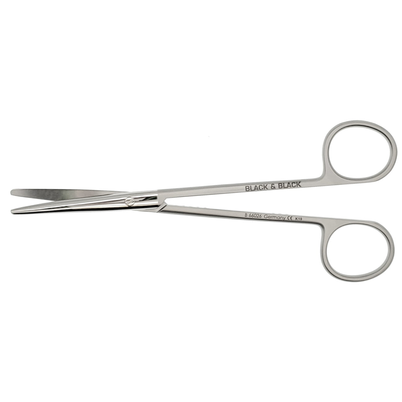 A pair of Metzenbaum Scissors, Stainless Steel, 5-3/4″ (14.5cm) with thin, curved blades and looped handles. These sleek, professional tools are labeled &quot;BLACK &amp; BLACK&quot; and &quot;Germany A403,&quot; featuring rounded tips for precision in surgical or medical procedures.