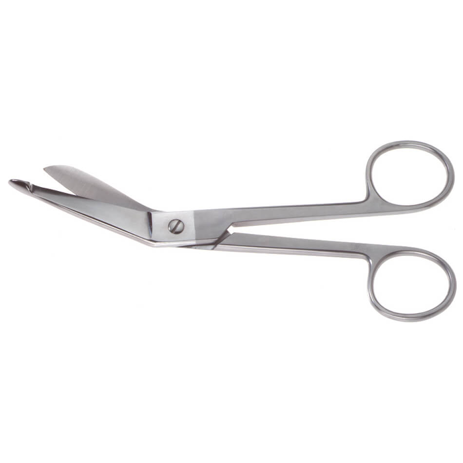 A pair of Lister Bandage Scissors with a serrated lower blade and an angled tip. The stainless steel Lister Bandage Scissors have a sleek silver finish and two round finger loops.