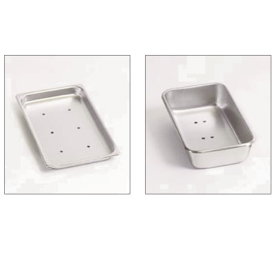 Two images of Perforated Instrument Trays, showcasing their stainless steel construction with small drainage holes on the bottom. The left image features a shallow tray, while the right displays a deeper tray. Both trays are set against a plain, white background.