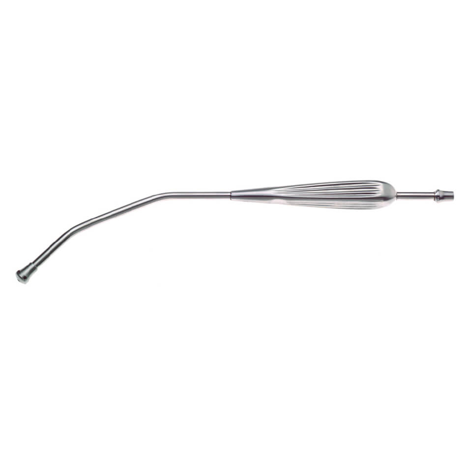 A long, slim, metallic Yankauer Suction Tube, 11-3/4″ (30cm) with a slightly curved end on one side and a thicker, rounded handle on the other. The handle features a textured grip with ridges, making it easier to hold. The tube appears to be designed for precision tasks.