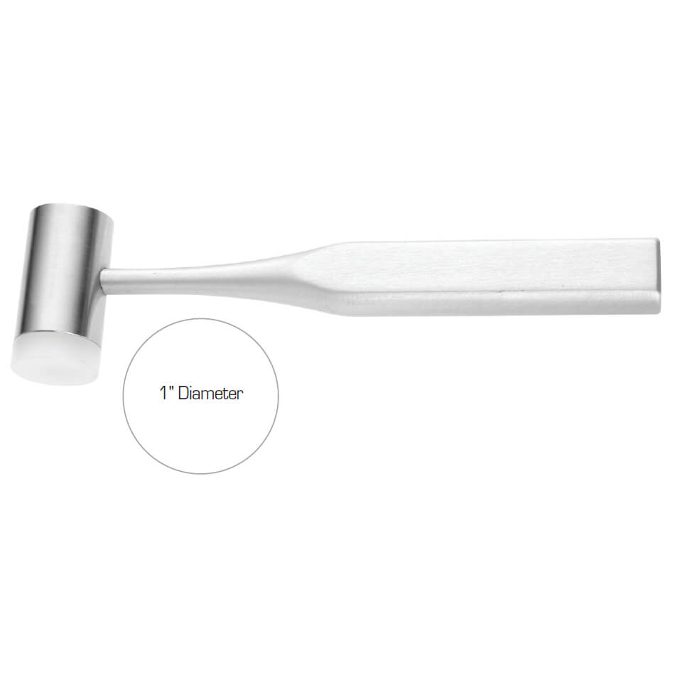 A Nylon/Stainless Steel Mallet, 7-1/4″ (18.5cm), 7 oz. Head with a cylindrical head and a rectangular handle is displayed. The hammer features a small round striking surface with a diameter of 1 inch, indicated by text within a circular graphic near the head. The design allows for replaceable nylon heads, enhancing versatility and durability.