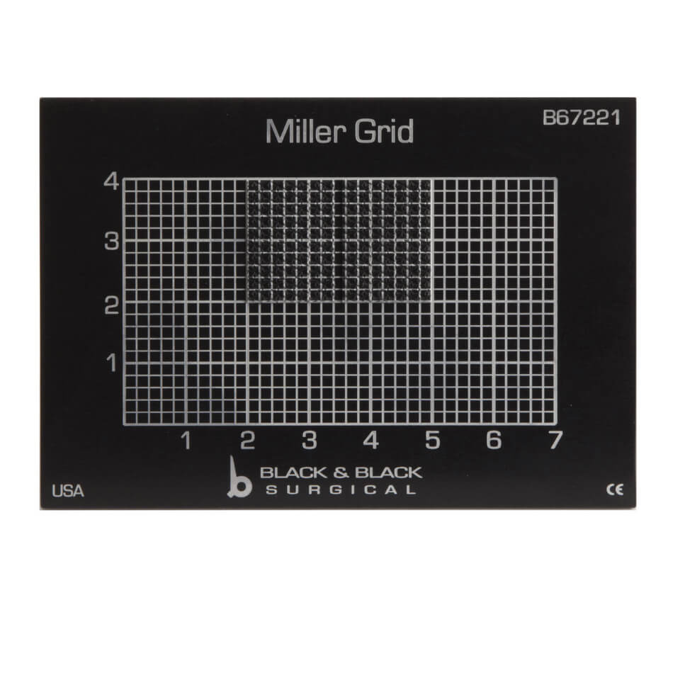 A rectangular black plaque labeled "Miller Cartilage Grid, Aluminum, Black With Traction Pad" at the top. The grid consists of small white squares marked with numbers 1-7 horizontally and 1-4 vertically along the edges. The bottom includes the brand name "Black & Black Surgical," "USA," and model number "B67221." Constructed with a durable aluminum frame.