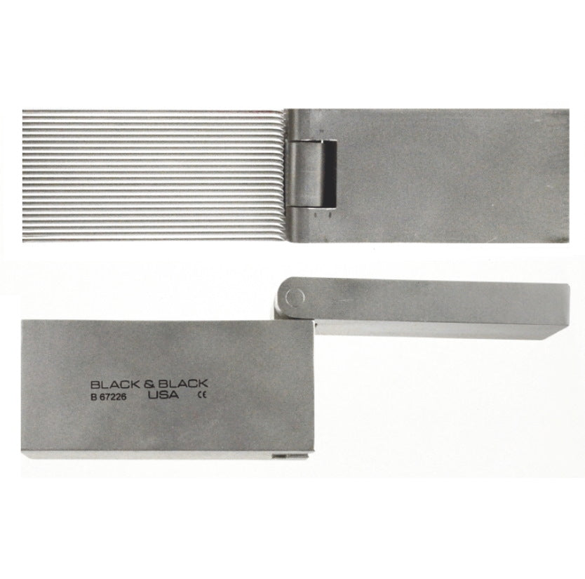Image of a Sheen Stainless Steel Cartilage Crusher Morselizer. The tool features a durable, silver-colored body with engraved text on one side that reads "BLACK & BLACK USA B 67226." Interestingly, this versatile attachment is shown in both folded and extended positions, resembling precision tools used in reforming soft tissue procedures.