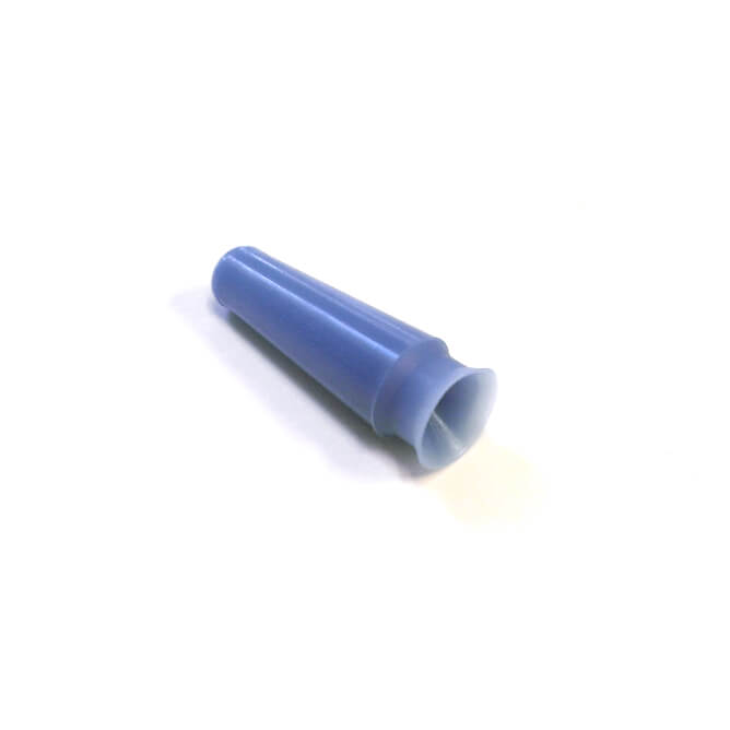 A small, blue, cone-shaped plastic object with a hollow interior set against a plain white background. One end is slightly flared while the other end tapers to a narrower opening, resembling a Suction Cup For Removal Of Corneal Eye Shields, Non-Sterile (2 Per Pack).