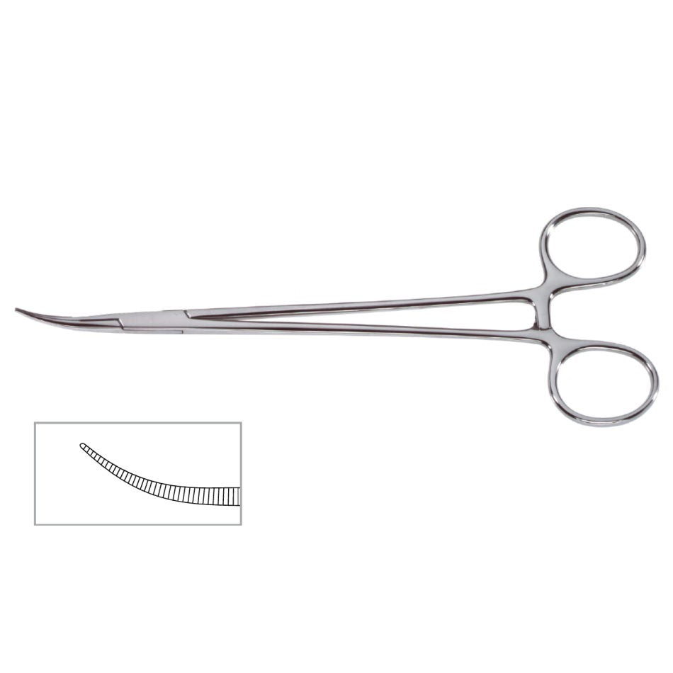 A pair of Cox Delicate Hemostatic Forceps, Curved, 12″ (30cm), ideal for breast and neck surgery. The scissor-like handles have a locking mechanism for precision. An inset close-up image shows the detailed serration of the long hemostat&