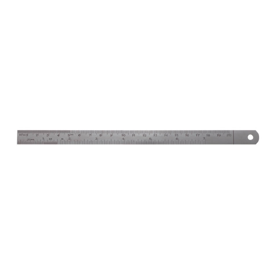 A 30-centimeter graduated Rulers, Stainless Steel with clear black marks for each centimeter and millimeter. The metal ruler also features inch measurements and a hole near one end for hanging or storage.