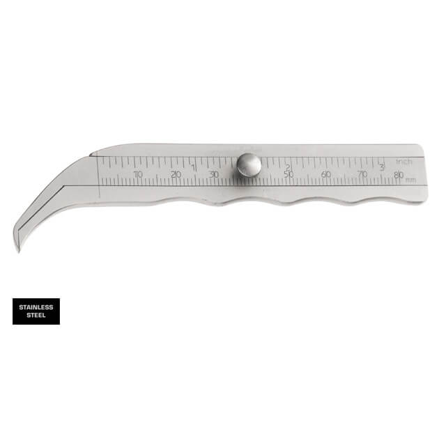 A Tebbetts Precision Caliper, 4-1/2″ (10.5cm) with a sliding measuring scale and a pointed, curved tip on one end. The caliper, ideal for precision tasks like rhinoplasty, features both inch and millimeter markings, with a knurled adjustment knob for accurate measurements. A small label says &quot;stainless steel&quot; in black.