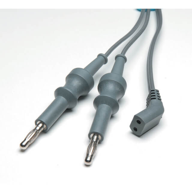 Gray Bipolar Cables, 10 ft, 3m, Banana with dual connectors, featuring curved grips and metallic tips. The cables are attached to a single gray cable with a right-angled connector at the other end. Ideal for integration with electrosurgical instruments, this setup ensures precision and reliability on a white background.