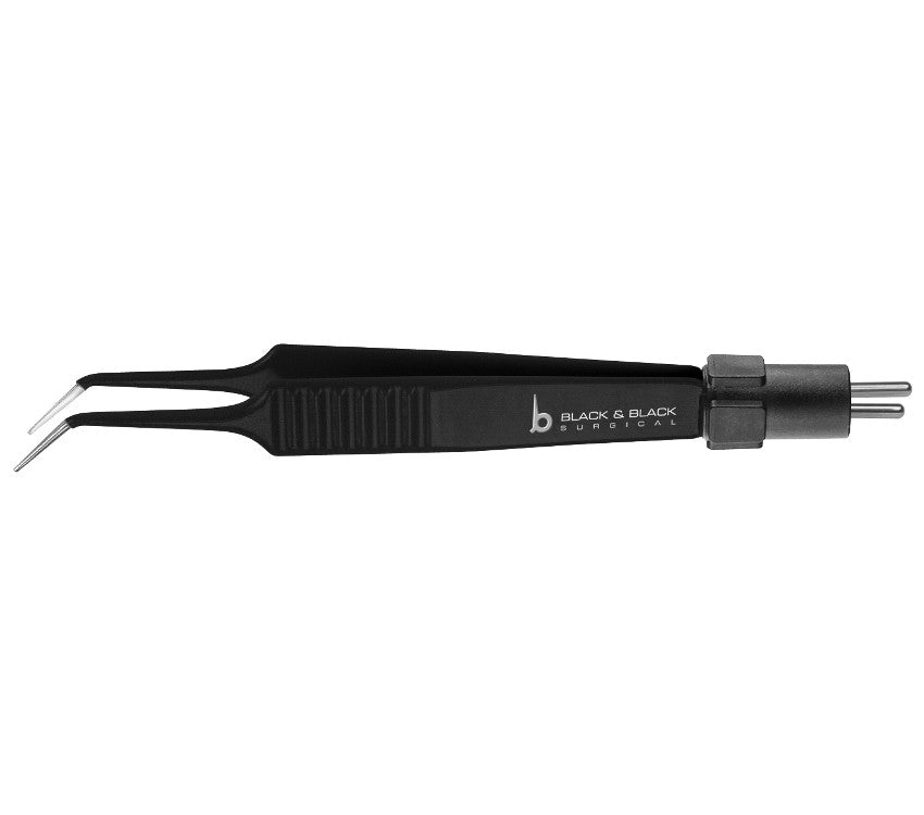 A pair of NobleTouch Jewelers Non-Stick Bipolar Forceps, 4-1/2″ (11.5cm), Angled Tip with delicate tips and a textured grip. The forceps feature the branding &quot;BLACK &amp; BLACK SURGICAL&quot; on the side and have adjustable mechanisms at the top end. The curved tip ensures precise handling needed for intricate procedures.