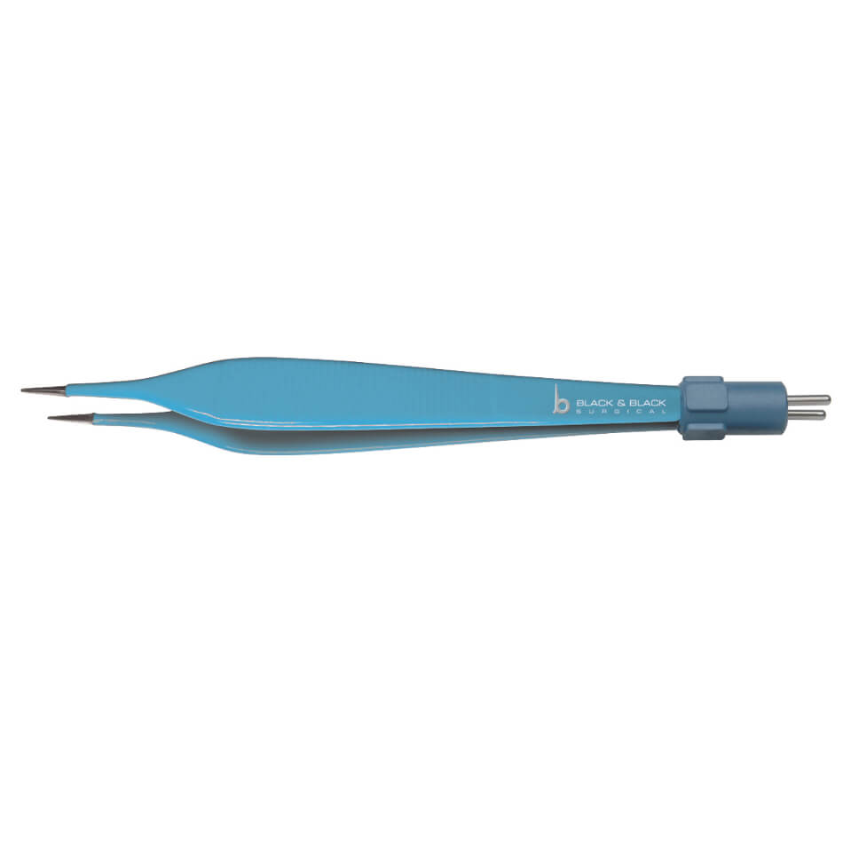 A blue pair of Adson Bipolar Insulated Forceps, 4-3/4″ (12cm), 1mm tips with polished tips, designed for delicate grasping and manipulating small objects, commonly used in medical and surgical practices. The forceps have a logo &quot;Black &amp; Black Surgical&quot; near the gripping end.