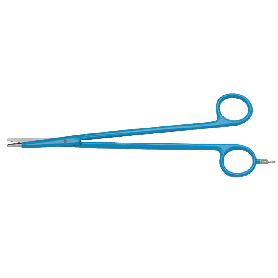 A pair of Metzenbaum Bipolar Scissors, Curved, 7″ (18cm) with blue handles. The instrument, featuring two loops for fingers and a slender, elongated design, facilitates medical procedures by efficiently holding or clamping tissues.