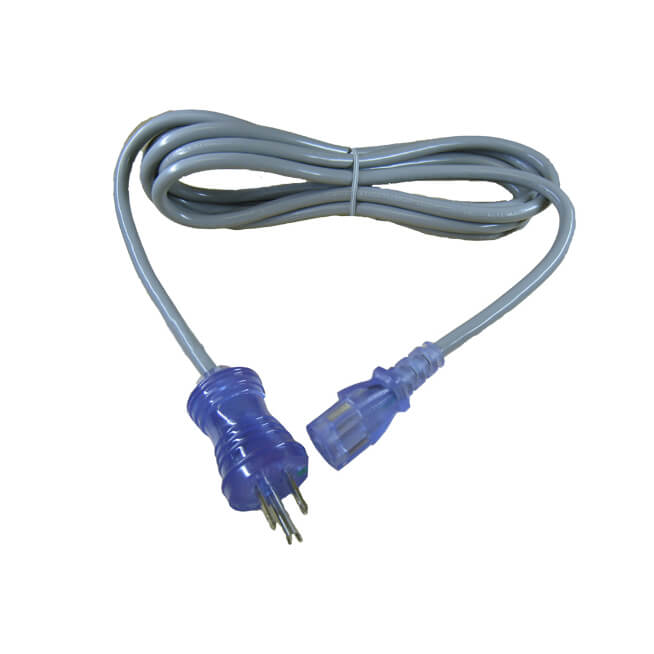 A Medical Grade A/C Power Supply w/ Hospital Grade Cord with a blue pronged plug on one end and a blue socket on the other end. This hospital-grade cord is neatly wound in a circular shape, ensuring durability and safety in medical environments.