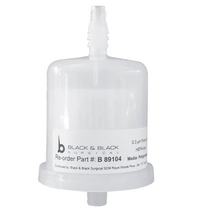 Image of a cylindrical white plastic medical filter from Black &amp; Black Surgical. The filter has a threaded inlet and outlet, and the label displays &quot;0.3 µm Pore&quot;, &quot;Aspirator Filter, 0.3 Micron, for Vitruvian™ Ultimate Aspirator&quot; along with part number B 89104 and other product information.