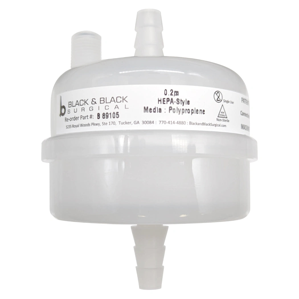 A round, white Aspirator Filter, 0.3 Micron Filter, Hepa with input and output nozzles, labeled "BLACK & BLACK SURGICAL," with product details like "0.2 µm HEPA-Style Media: Polypropylene" and a part number (