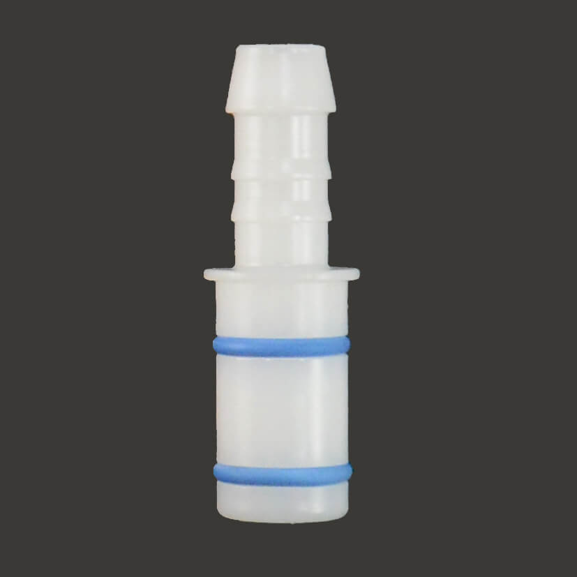 A white plastic barbed connector with two blue O-rings, designed for connecting flexible tubing, is displayed against a dark background. This Coupling Piece For Canister Lid 89119 / 89123 has multiple ridges to ensure a secure fit.